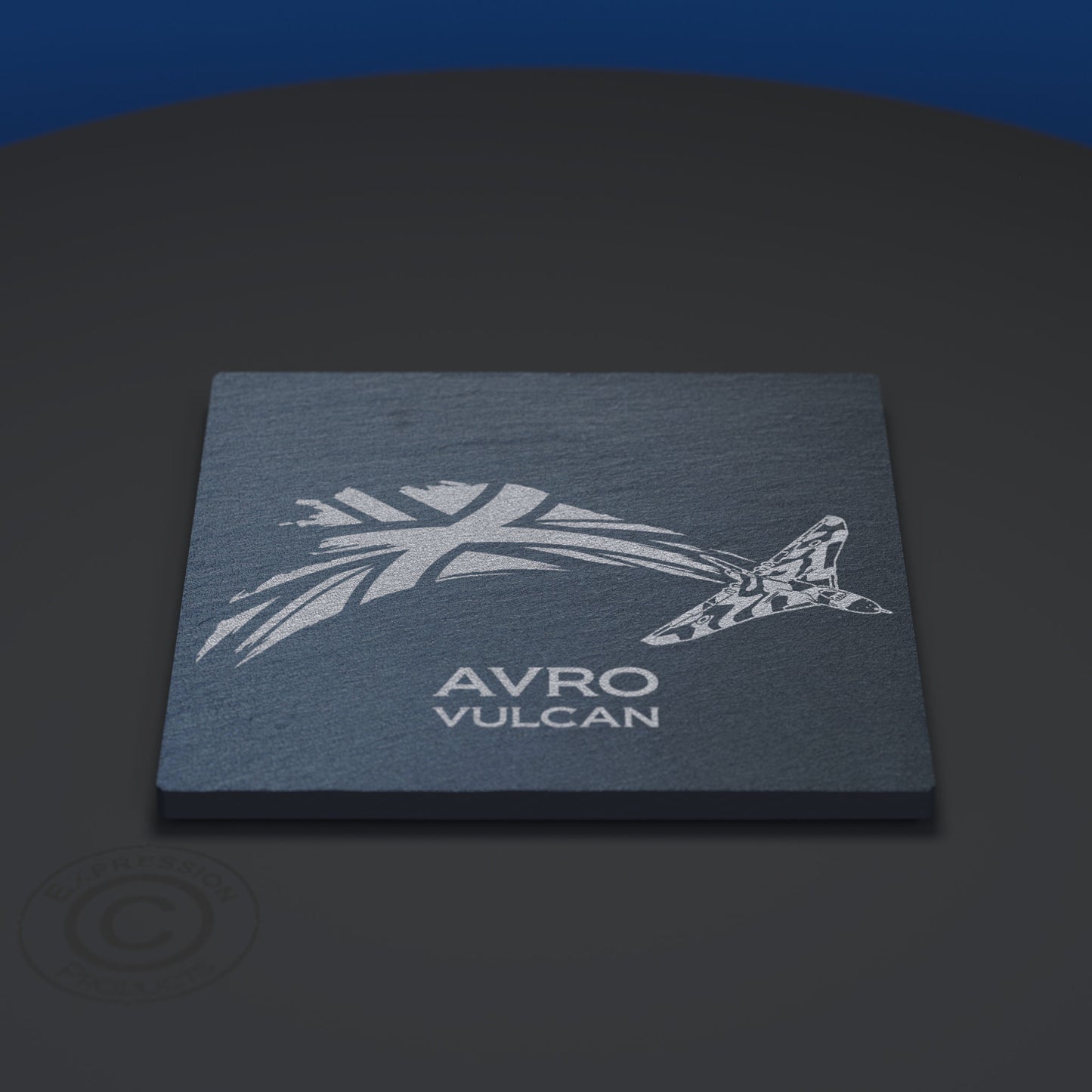 Slate Coaster With An Engraved Image Of A Vulcan Bomber With A Union Jack Flag  Flying From The Back Of It