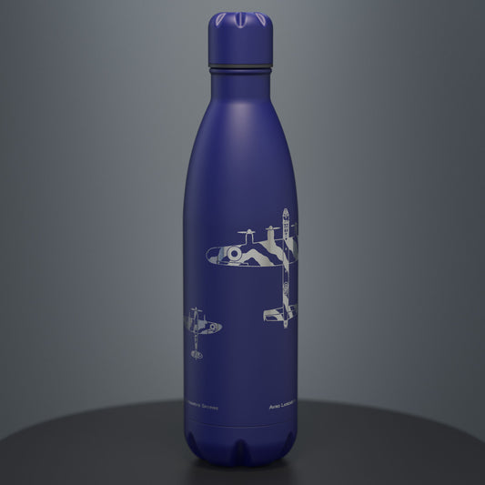 blue stainless steel insulated water bottle engraved with the battle of britain memorial flight lancaster spitfire and hurricane