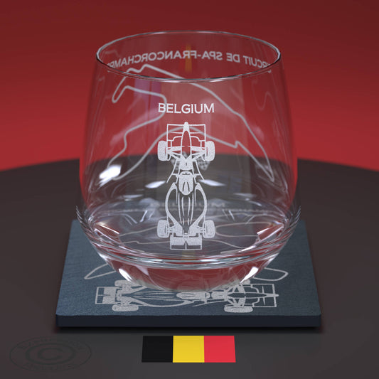 Belgian Grand Prix F1 Engraved Whiskey Tumbler Glass And Slate Coaster Set, Formula 1 Circuit De Spa-Francorchamps Glass & Natural Coaster