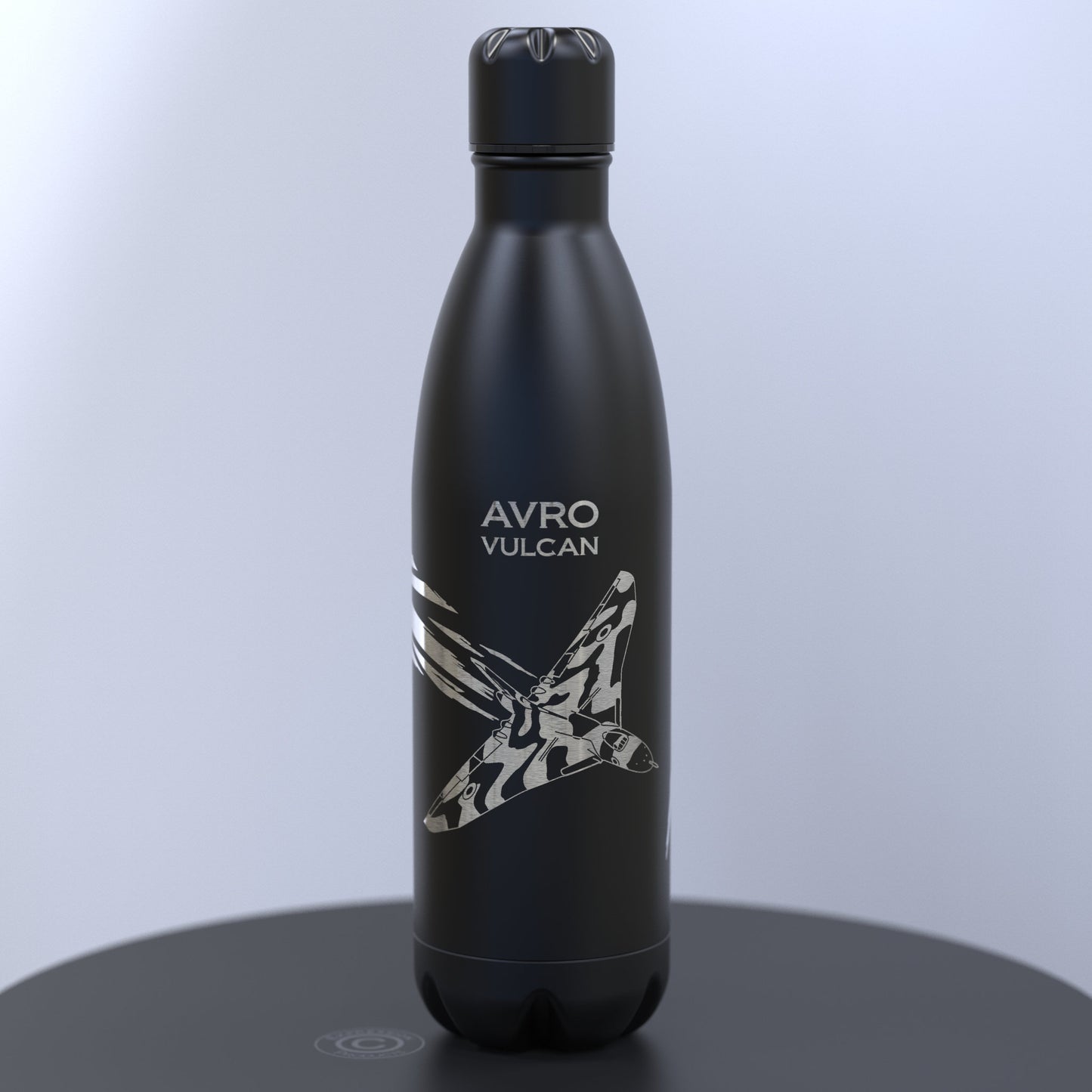 Matt Black Stainless Steel Water Bottle Engraved With an Avro Vulcan Bomber With a Union Jack Flag Flowing Behind It