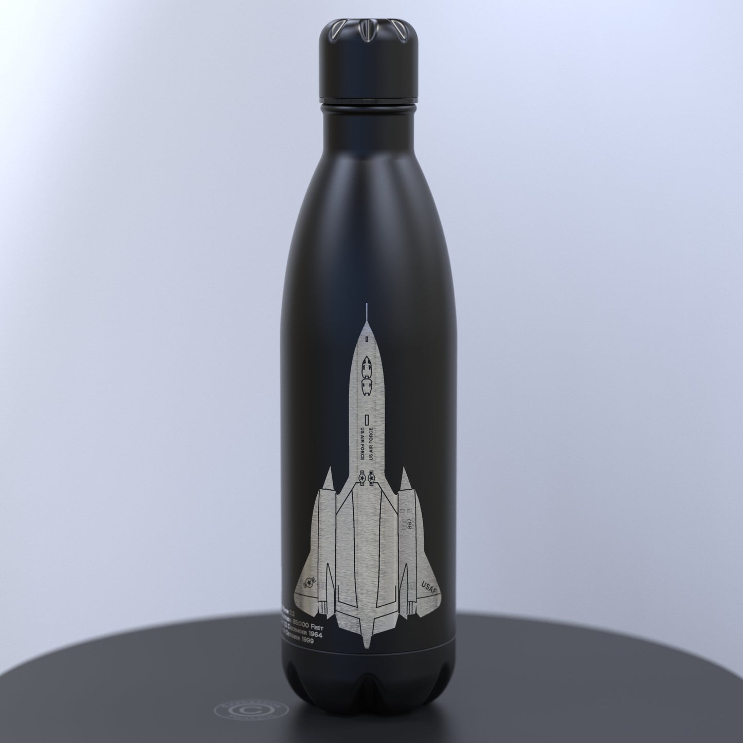 Matt Black Stainless Steel Water Bottle  Engraved With An Image of A USAF Blackbird SR 71 