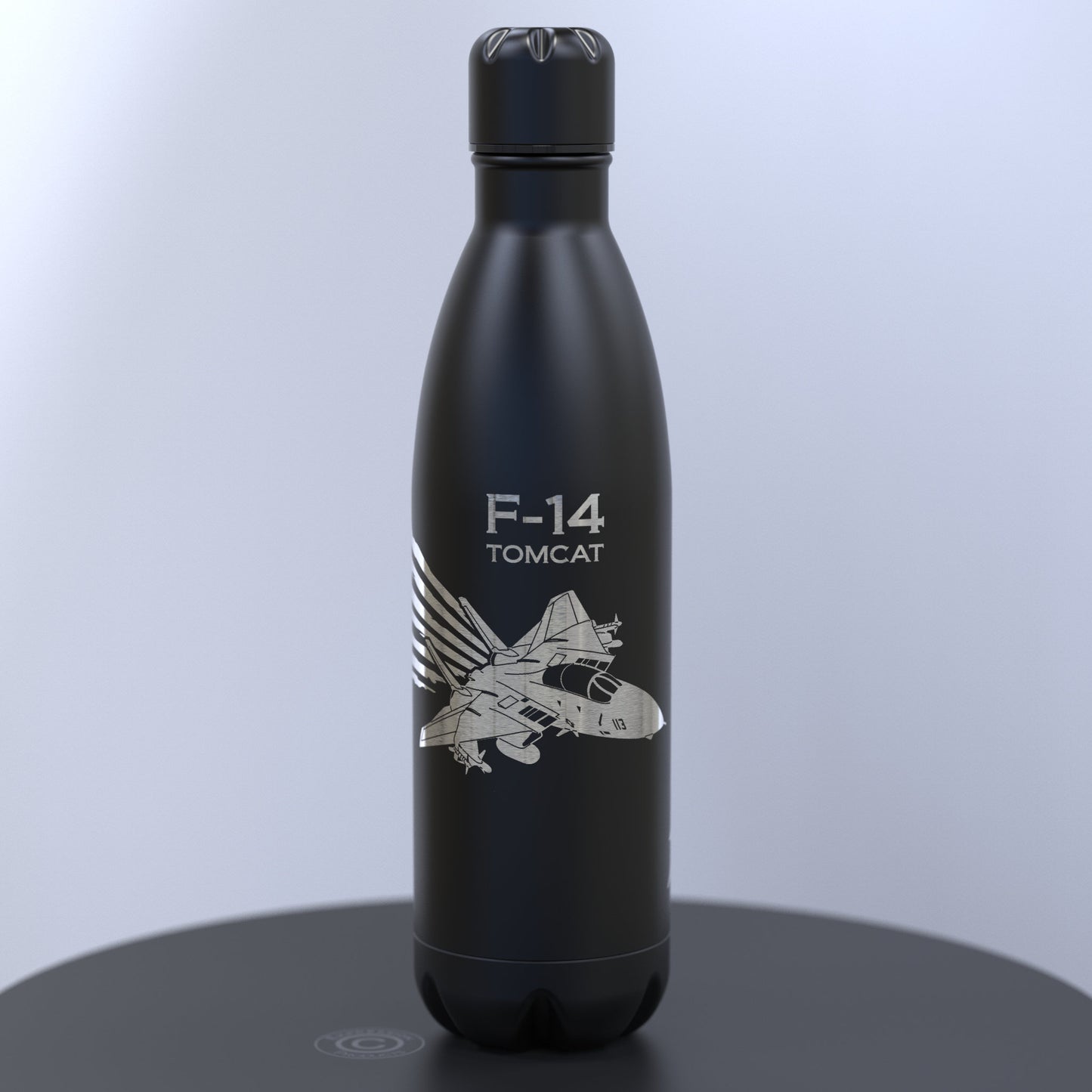 Matt Black Water Bottle Engraved With The F-14 Tomcat Design With The United States of America Flag Flying From The Back Of The Plane