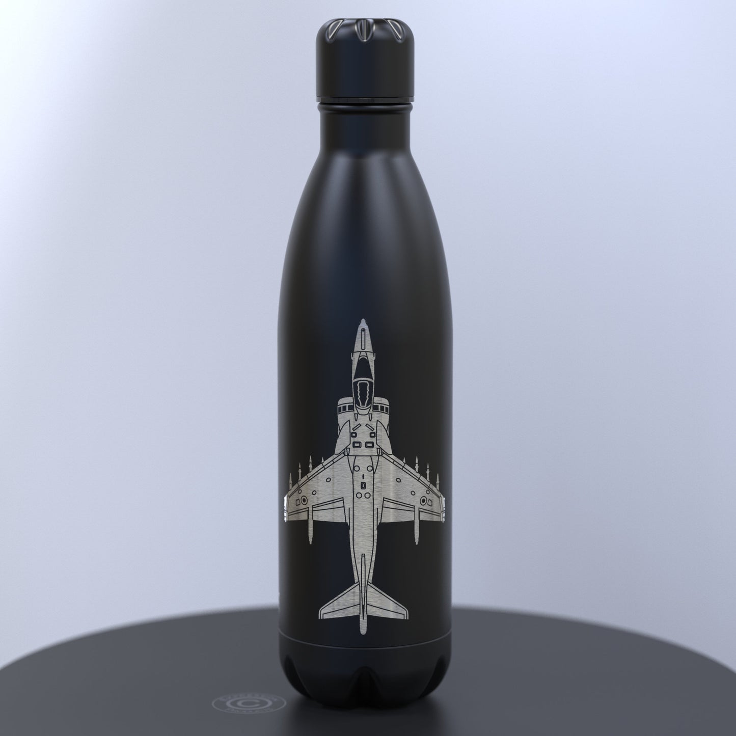 Matt Black Thermal Water Bottle Engraved With a Harrier Jump Jet