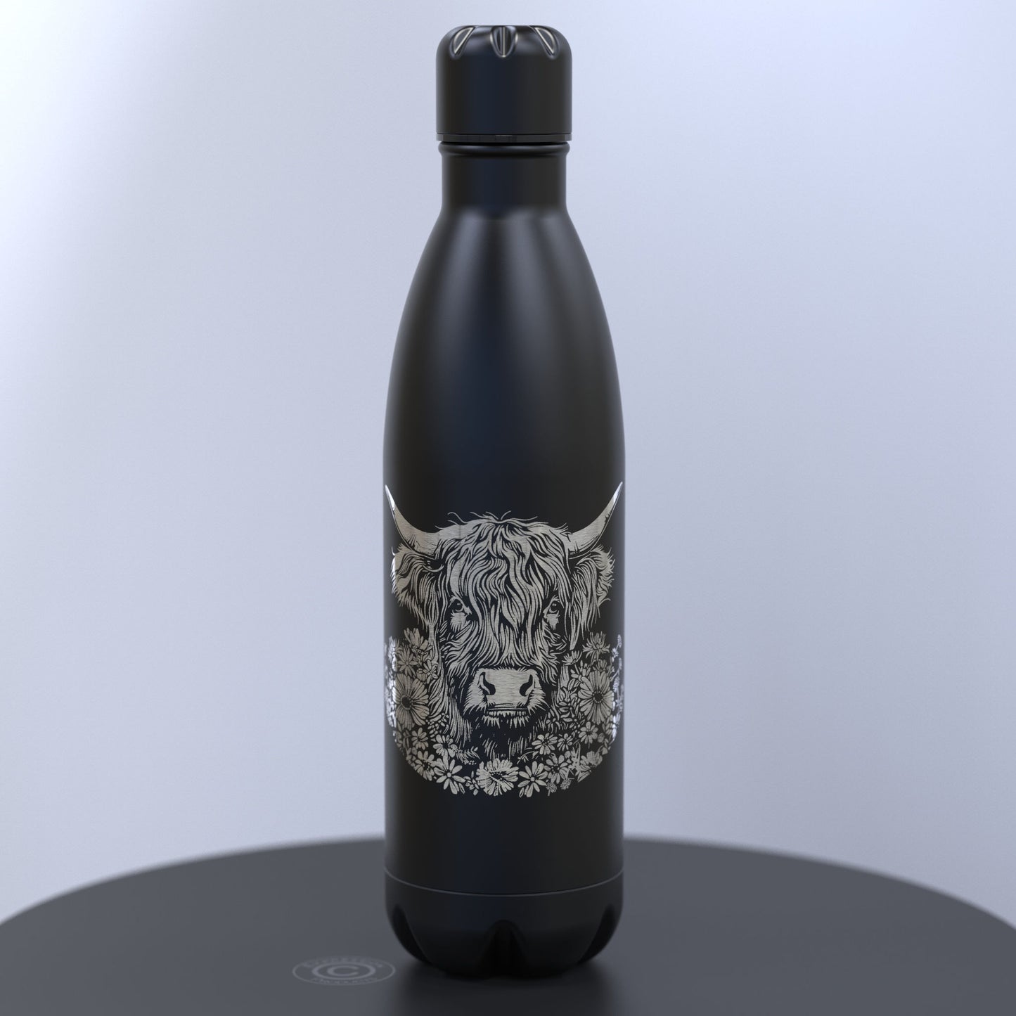 Matt Black Thermal Bottle Engraved With A Highland Cow Head Encased with Flowers