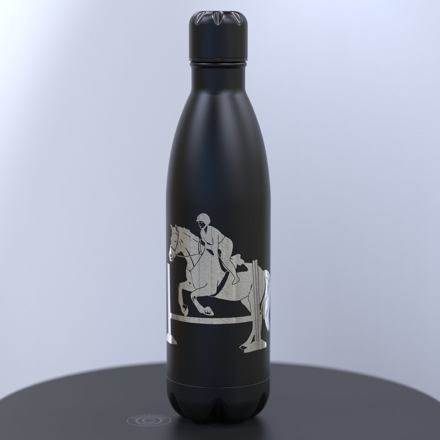 Matt Black Thermal Water Bottle Engraved With A Horse and Rider Jumping a Hurdle