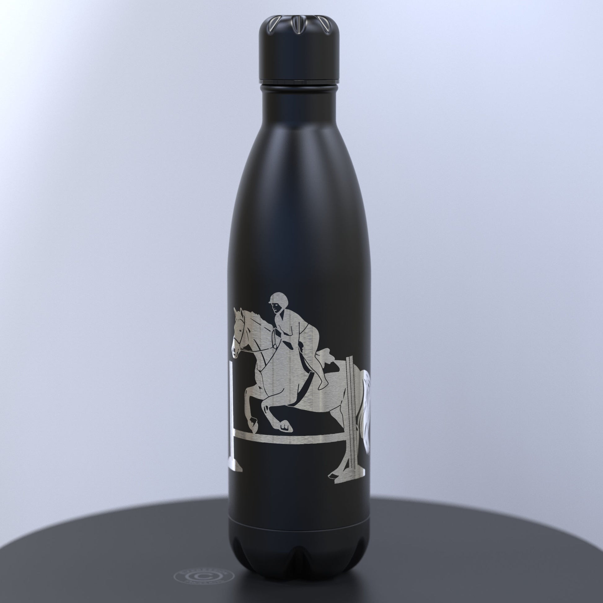 Matt Black Thermal Water Bottle Engraved With A Horse and Rider Jumping a Hurdle