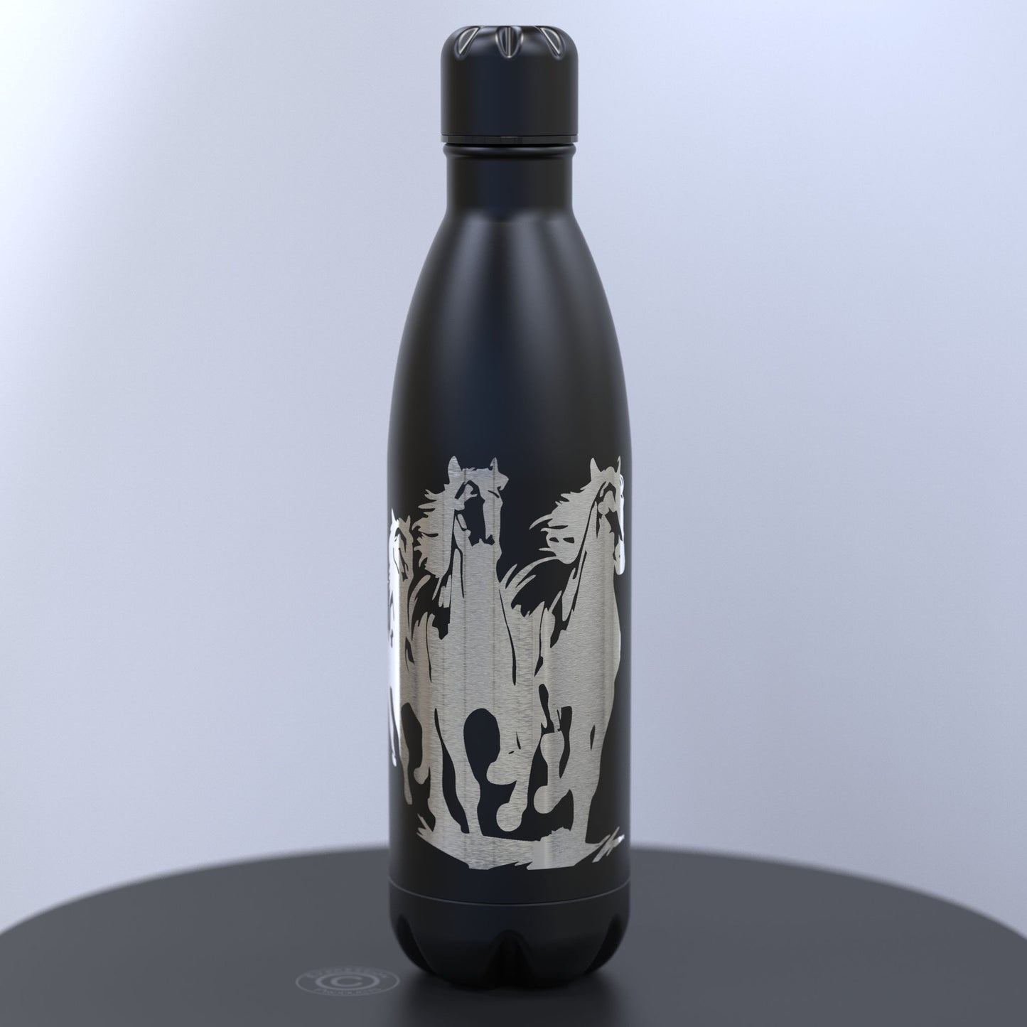 Matt Black Thermal Bottle Engraved With a Three Running Wild Horses