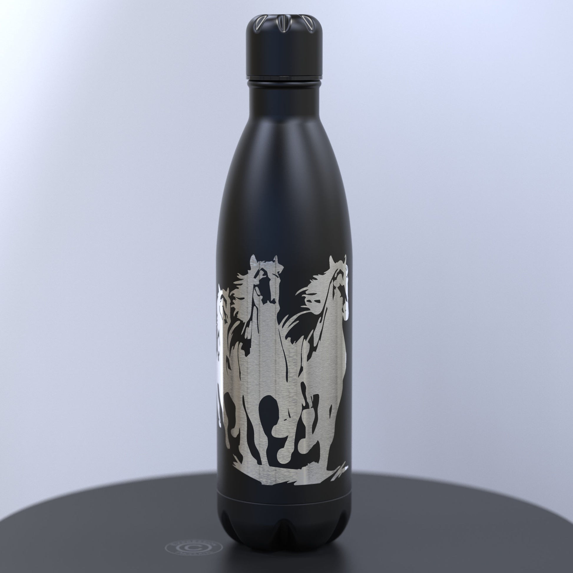 Matt Black Thermal Bottle Engraved With a Three Running Wild Horses