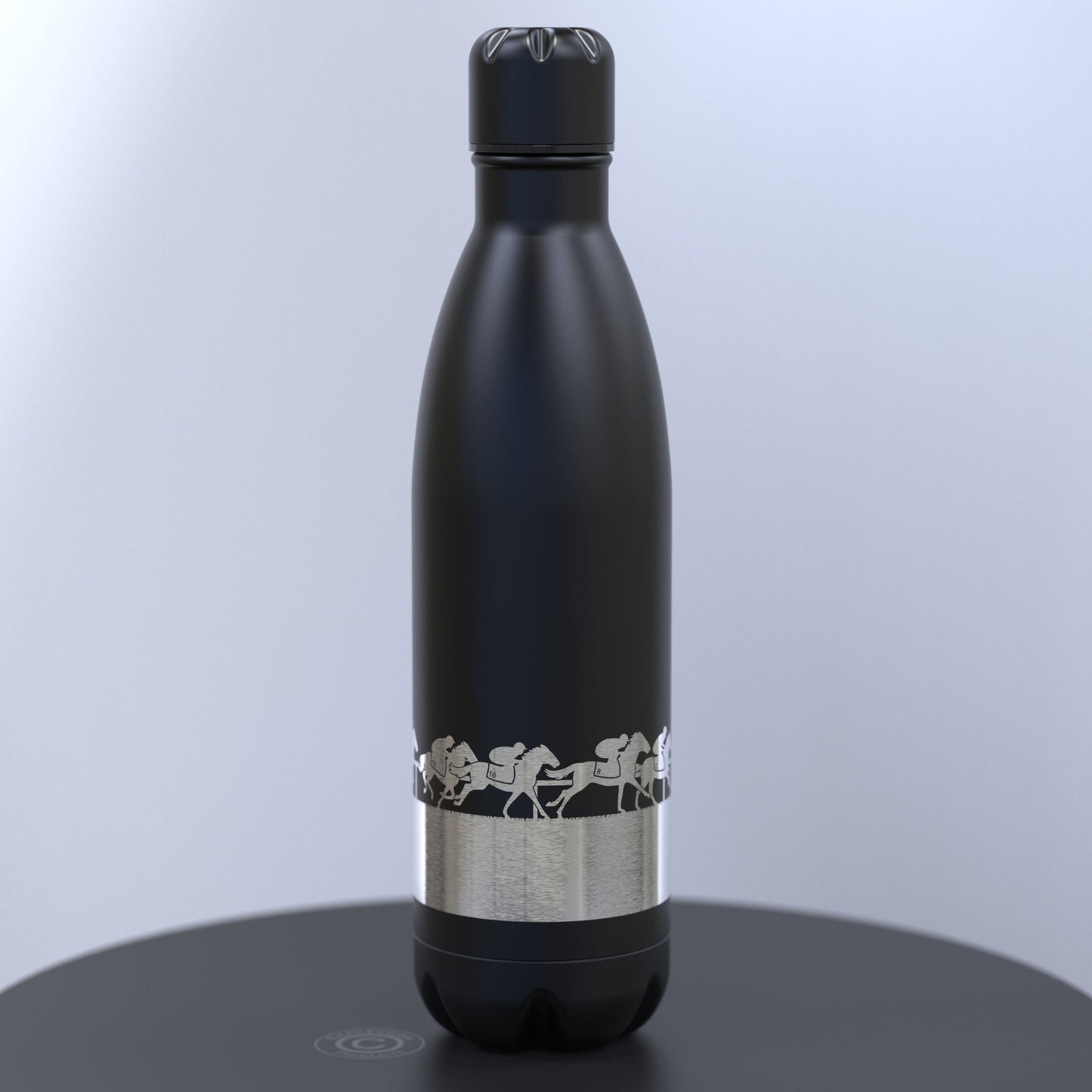 Matt Black Thermal Water Bottle Engraved With Horses and Riders Racing Around A Track