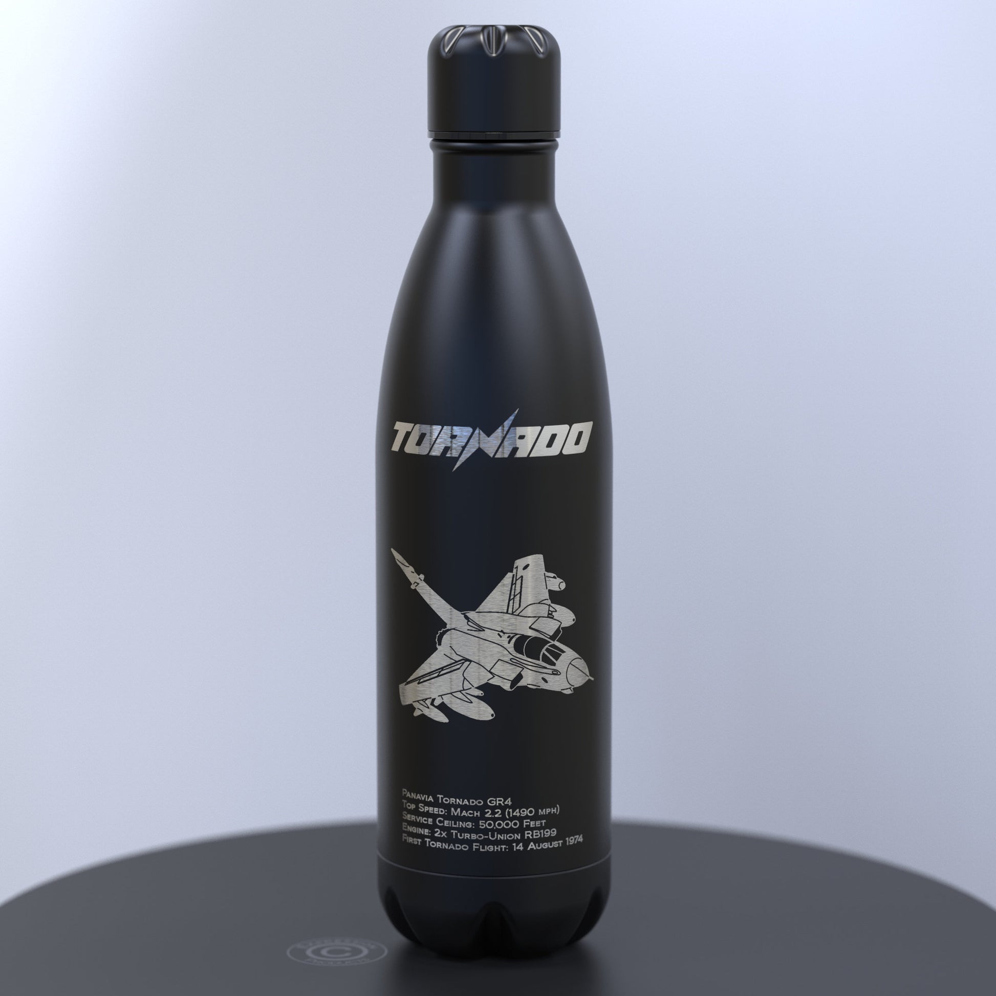Matt Black Thermal Bottle Engraved With the Tornado, Engraved Underneath With Details About The Tornado