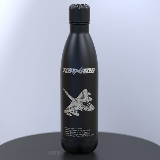 Matt Black Thermal Bottle Engraved With the Tornado, Engraved Underneath With Details About The Tornado