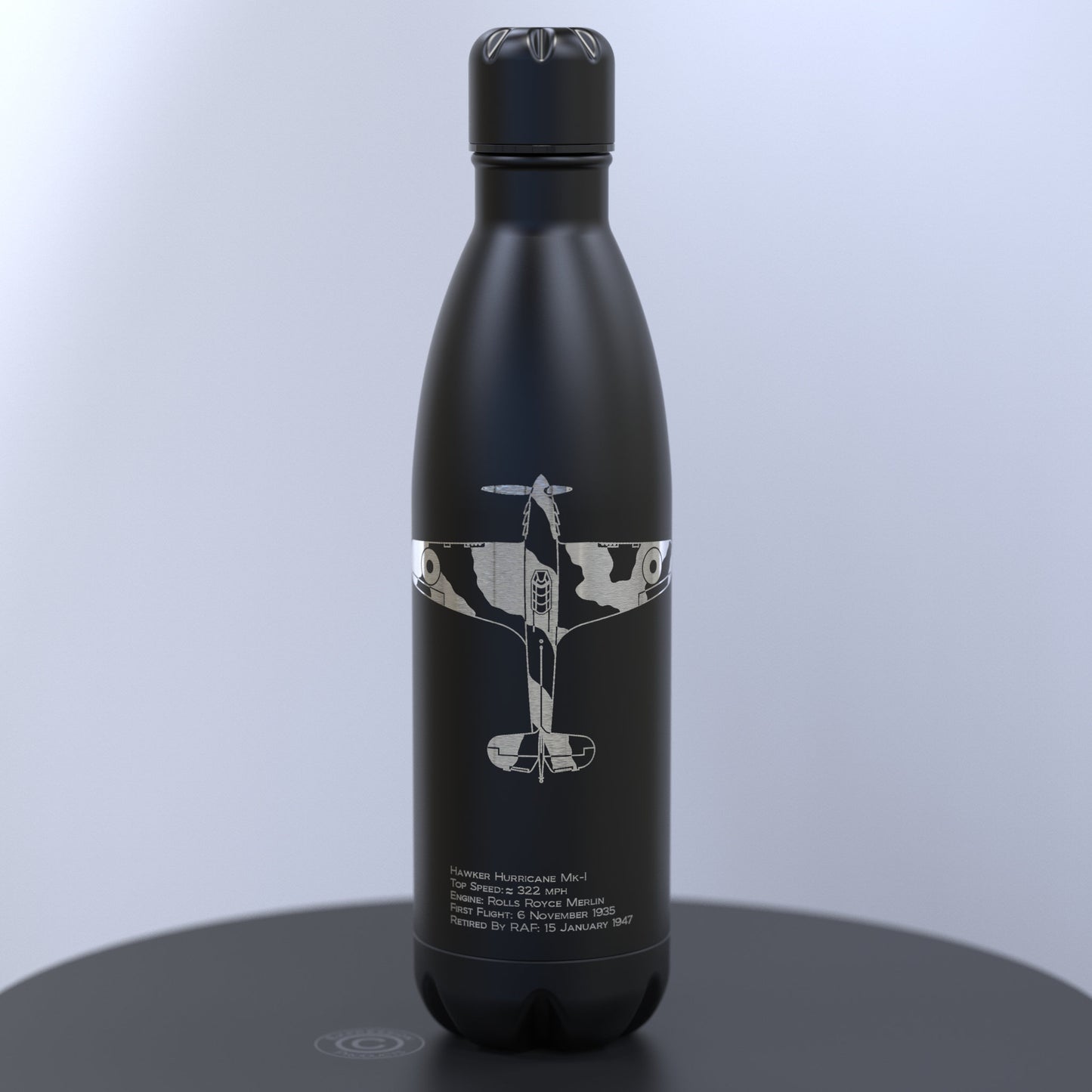 Matt Black Thermal Bottle Engraved With a Hawker Hurricane With Written Details About the Plane Engraved Under the Image