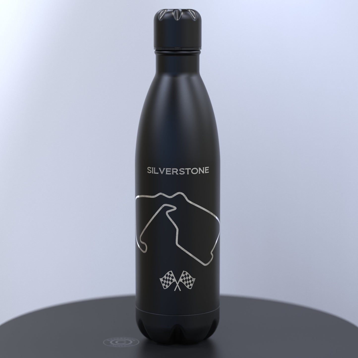 Matt Black Thermal Water Bottle engraved with a Racing Car and the Silverstone Grand Prix Track