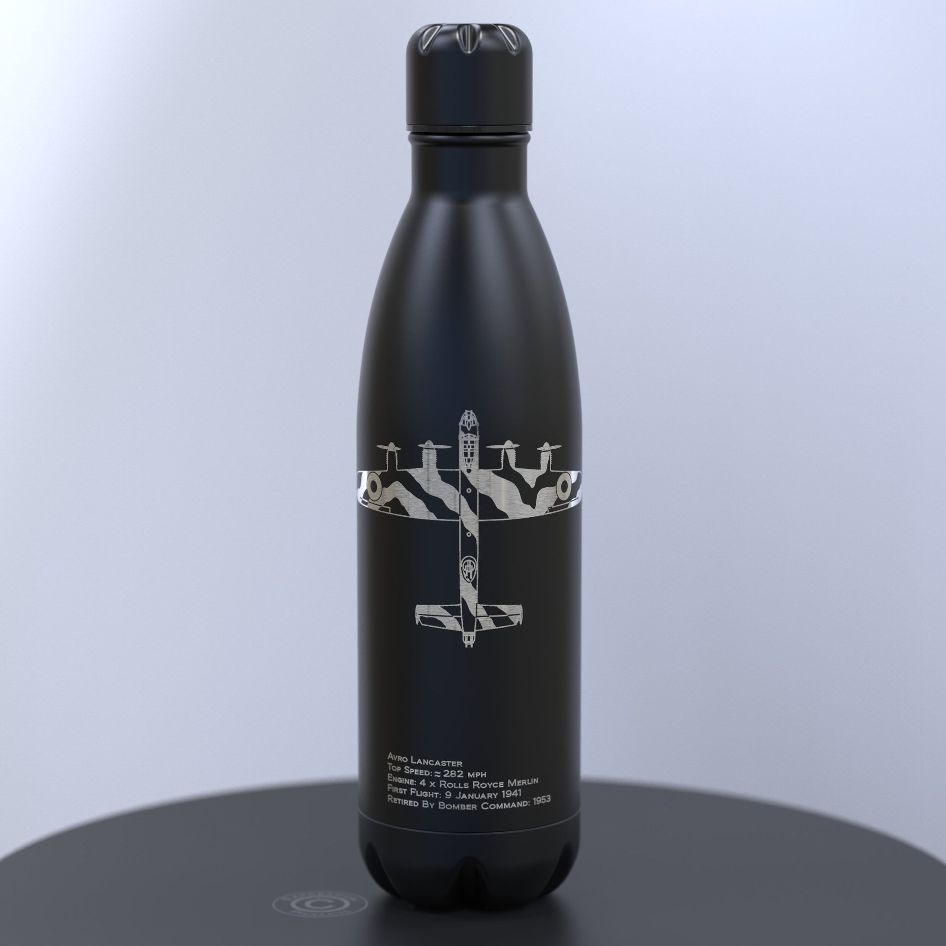 Black Thermal Water Bottle Engraved With a Lancaster Bomber With Details About The Plane Engraved Underneath The Image