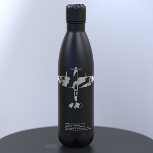 Matt Black Thermal Water Bottle Engraved With  a Supermarine Spitfire With Details About The Plane Engraved Underneath The Image