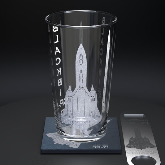 Blackbird SR-71 Engraved Pint Glass Set With Slate Coaster & Bottle Opener, USAF Lockheed Spy Beer Glass with Stone Coaster And Bar Blade