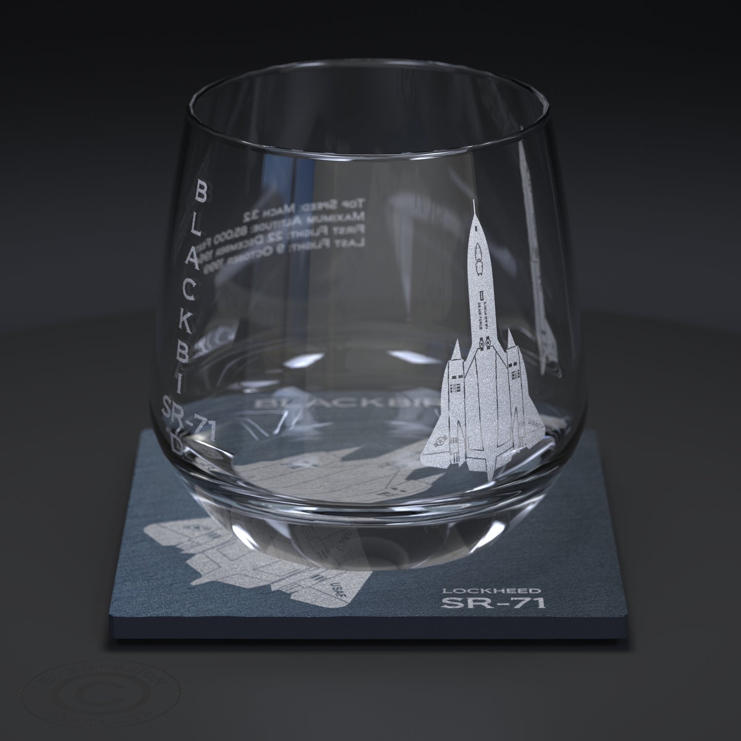 Blackbird SR-71 Engraved Glass Whiskey Tumbler & Slate Coaster Set