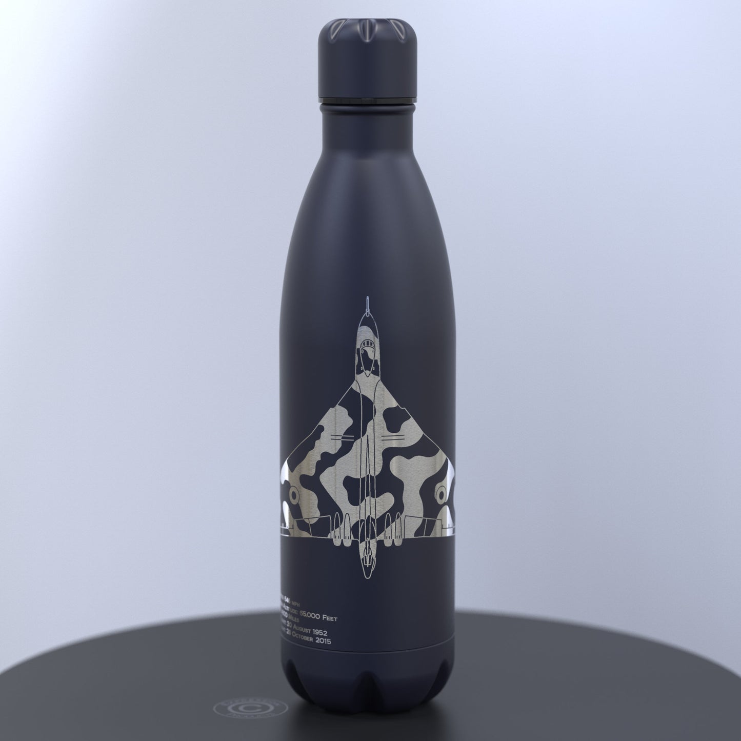 Dark Blue Water Bottle with Silver engraved Vulcan XH558 Bomber