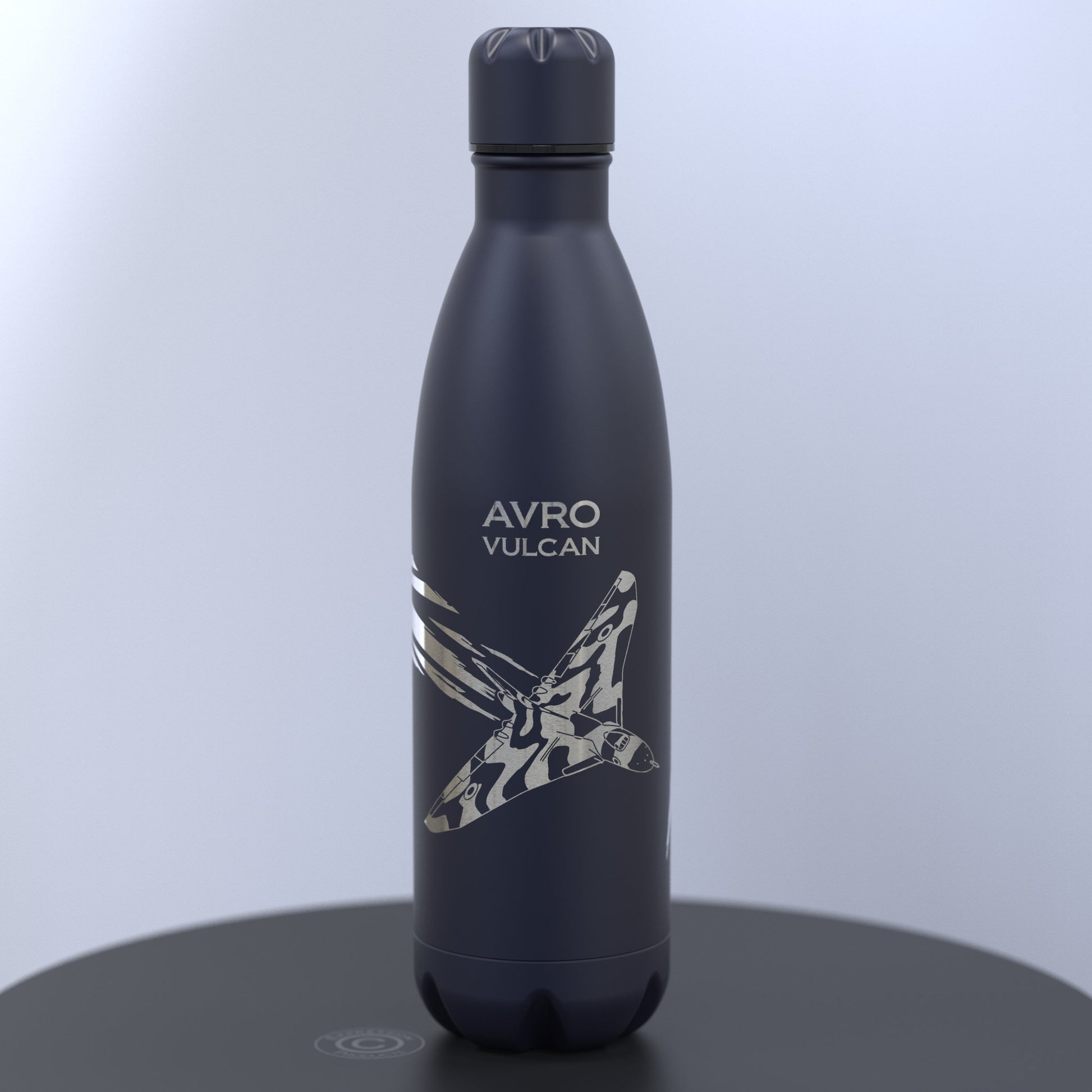 Matt Blue Stainless Steel Water Bottle Engraved With an Avro Vulcan Bomber With a Union Jack Flag Flowing Behind It