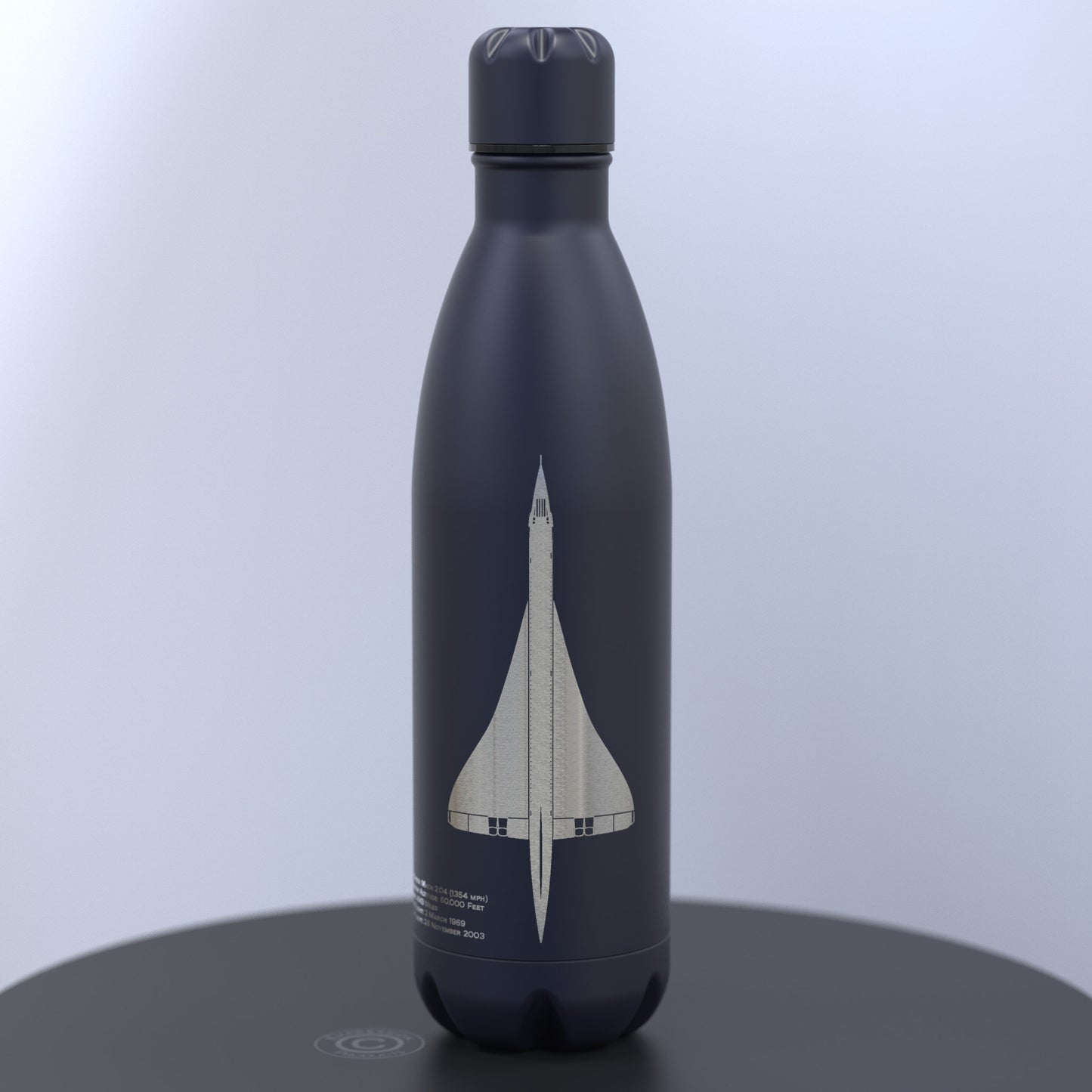 Matt Dark Blue Thermal Water Bottle Engraved With Concorde Design