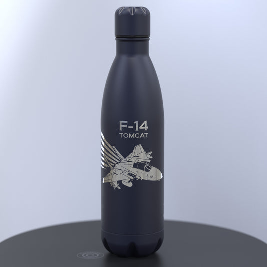 Matt Dark Blue Water Bottle Engraved With The F-14 Tomcat Design With The United States of America Flag Flying From The Back Of The Plane
