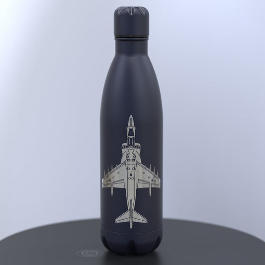 Matt Dark Blue Thermal Water Bottle Engraved With a Harrier Jump Jet