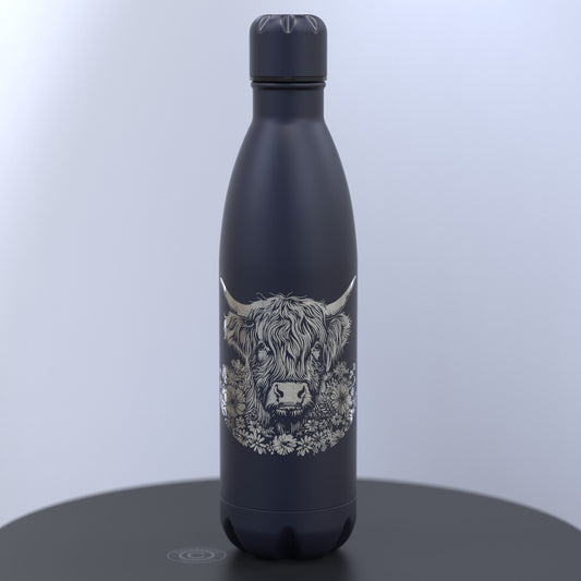 Matt Dark Blue Thermal Bottle Engraved With A Highland Cow Head Encased with Flowers