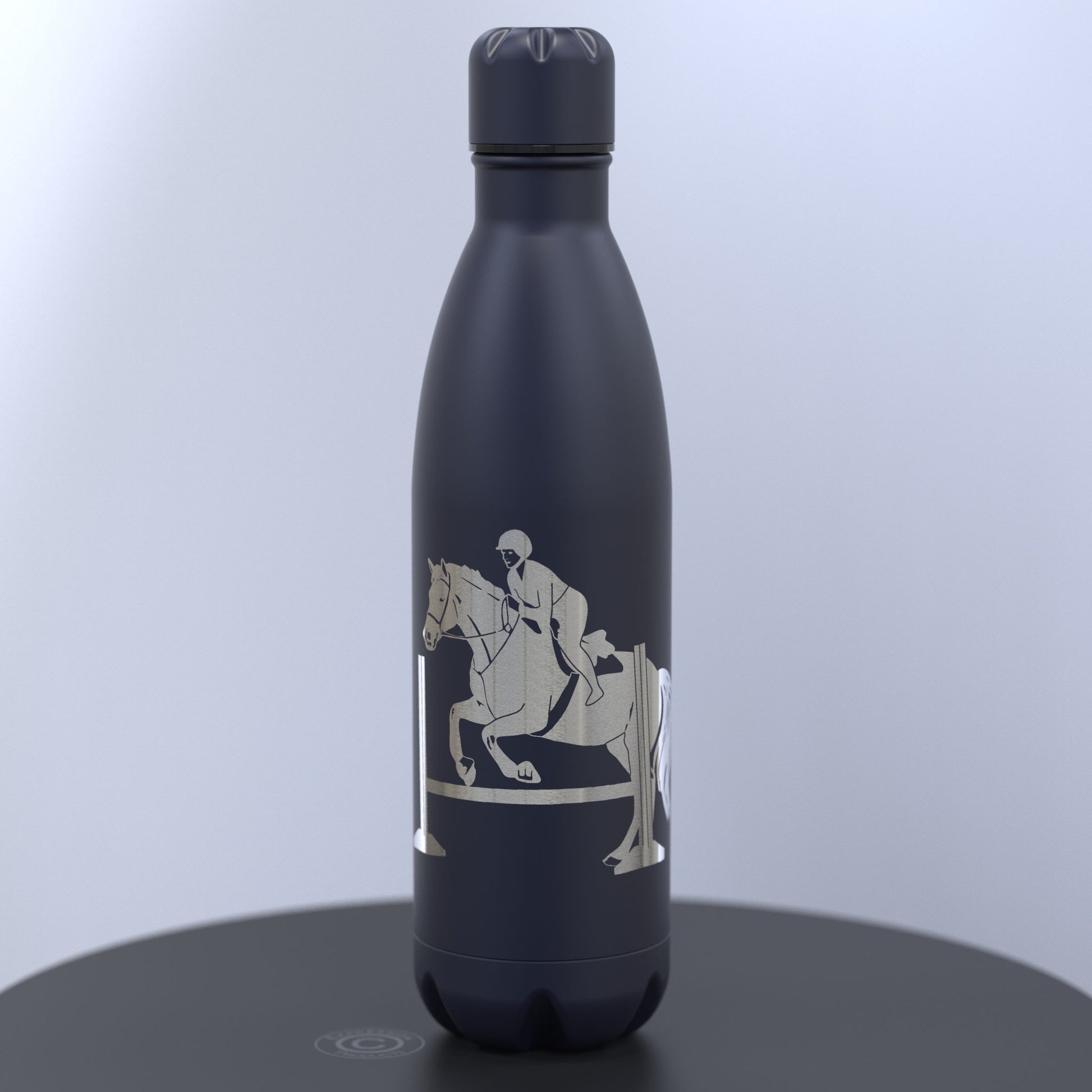 Matt Blue Thermal Water Bottle Engraved With A Horse and Rider Jumping a Hurdle
