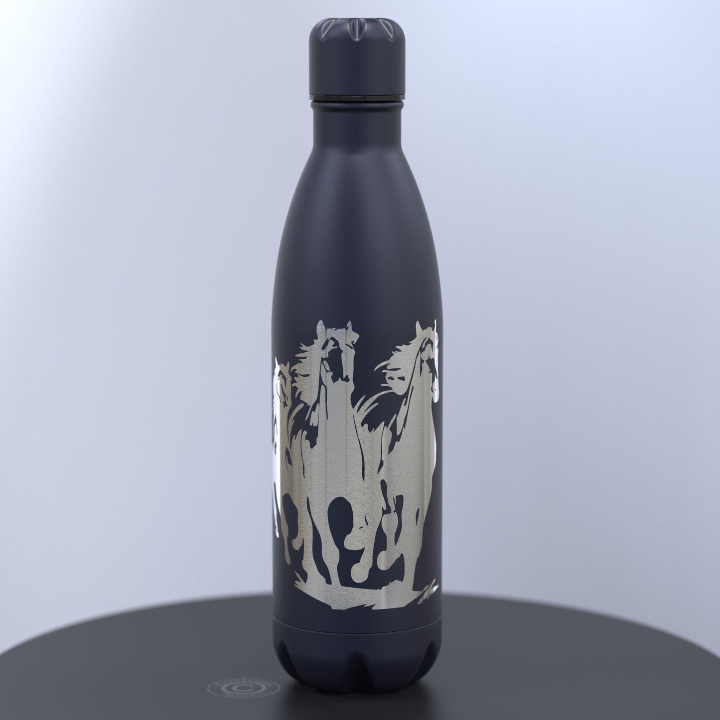 Matt Dark Blue Thermal Bottle Engraved With a Three Running Wild Horses