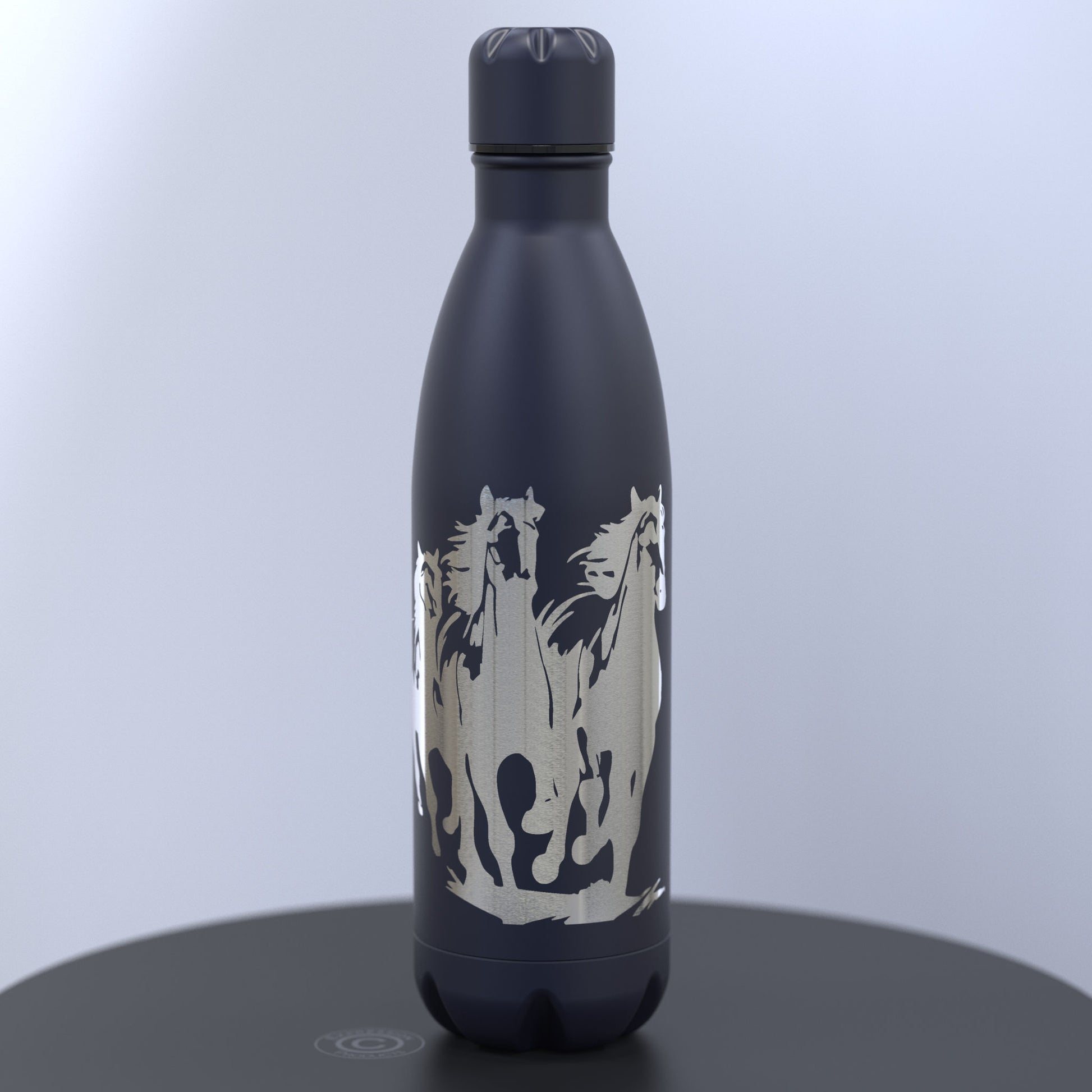 Matt Dark Blue Thermal Bottle Engraved With a Three Running Wild Horses