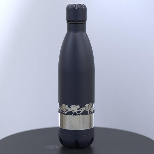 Matt Dark Blue Thermal Water Bottle Engraved With Horses and Riders Racing Around A Track