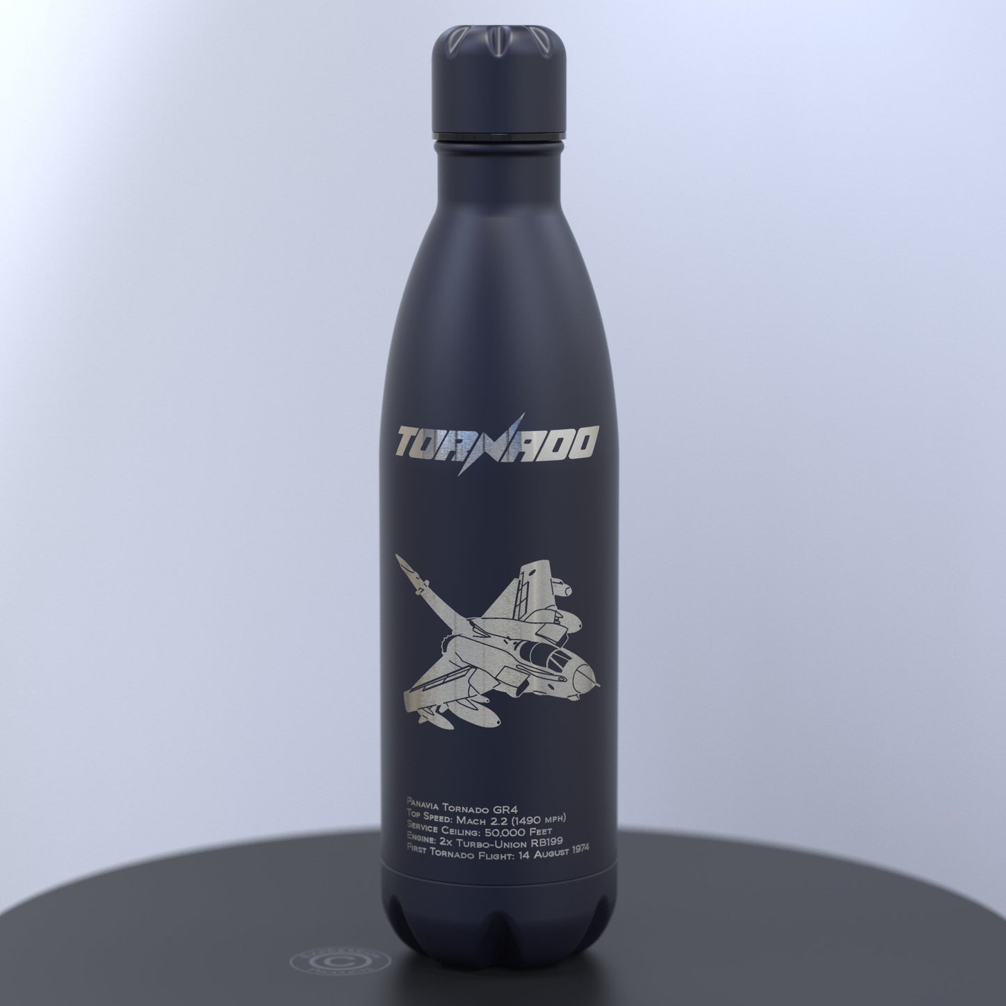 Matt Dark Blue Thermal Bottle Engraved With the Tornado, Engraved Underneath With Details About The Tornado