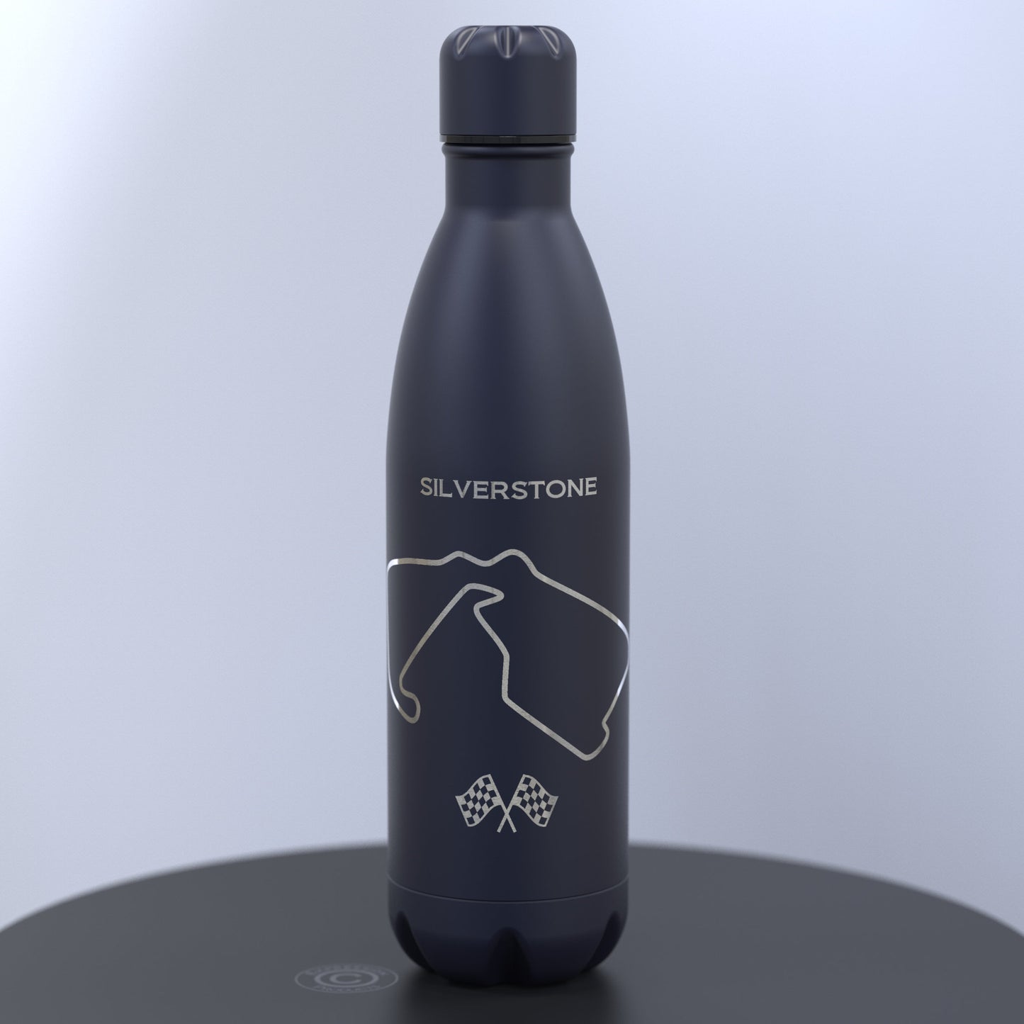 Matt Dark Blue Thermal Water Bottle engraved with a Racing Car and the Silverstone Grand Prix Track