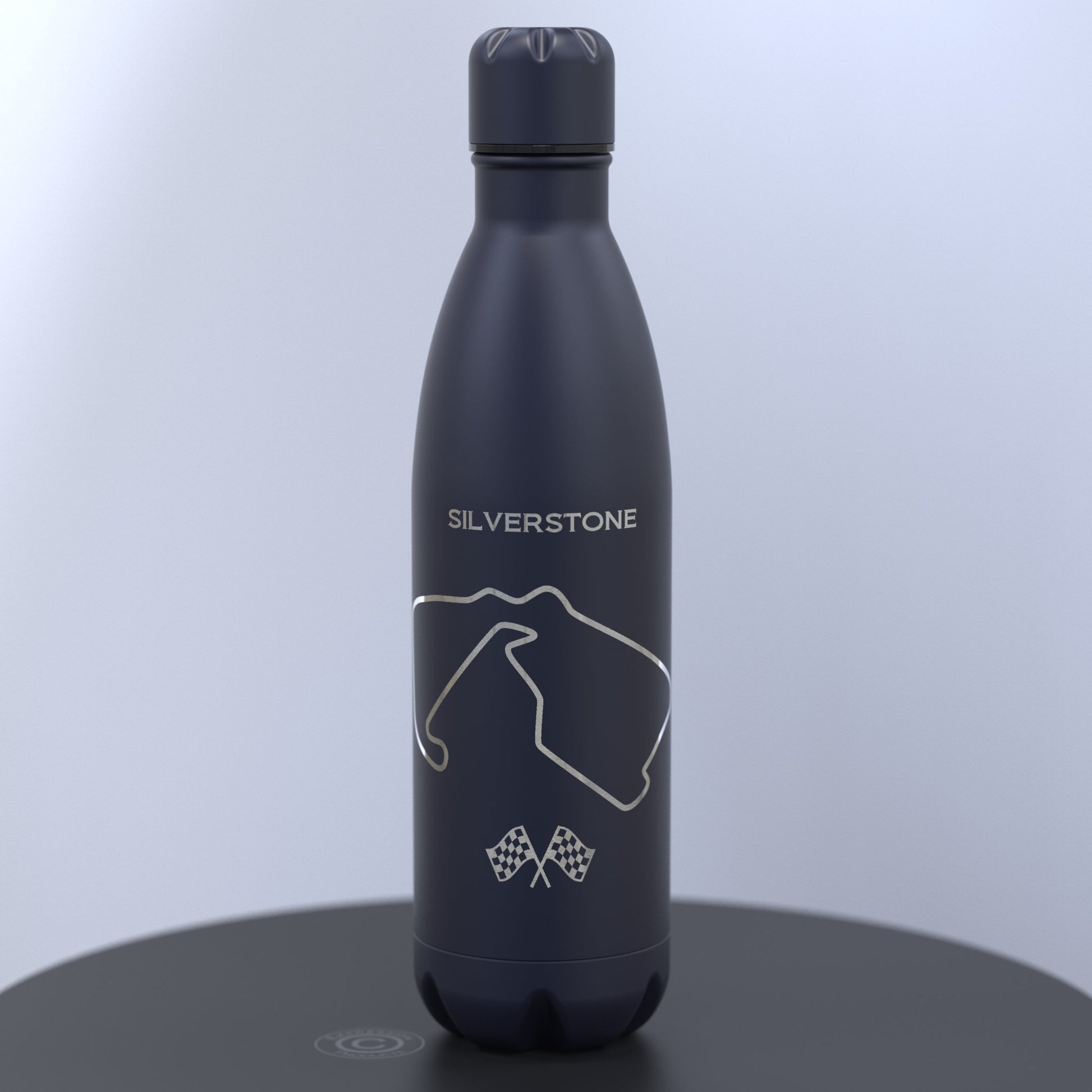 Matt Dark Blue Thermal Water Bottle engraved with a Racing Car and the Silverstone Grand Prix Track