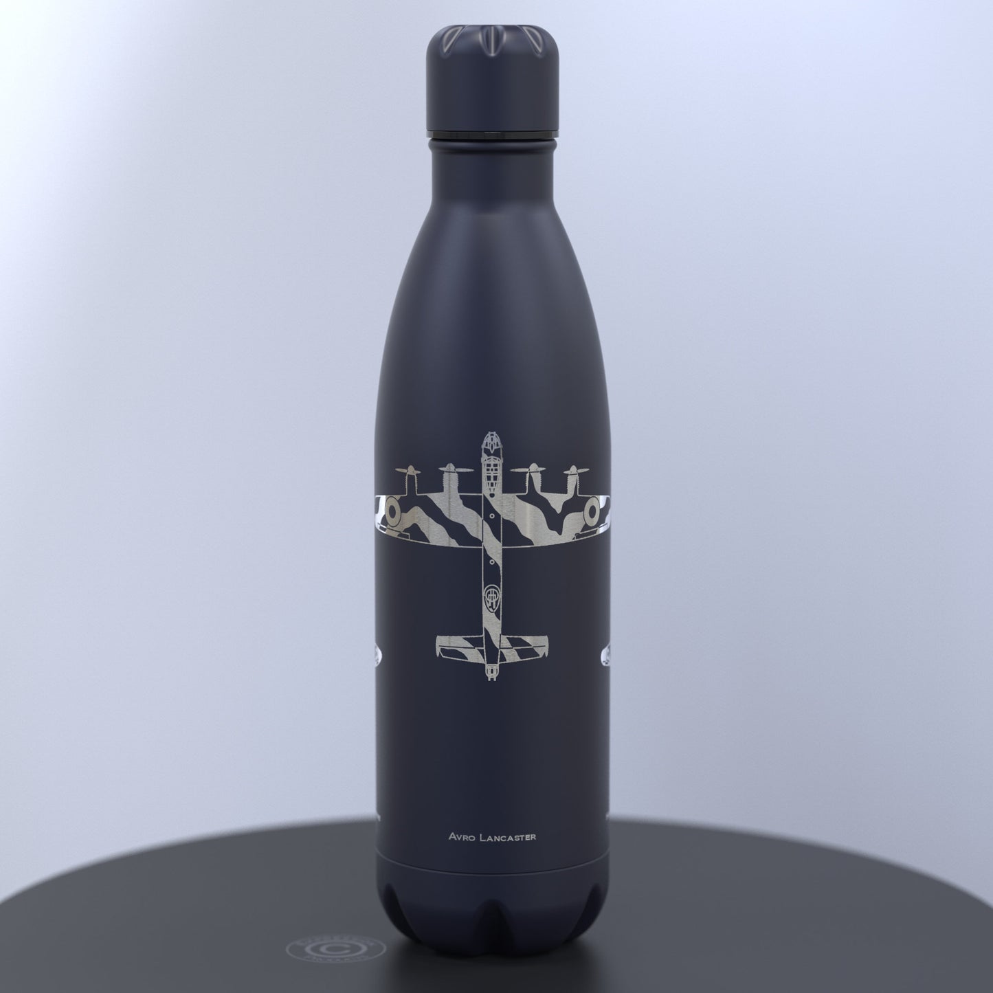 World War 2 Battle of Britain Engraved Matt Dark Blue Water Bottle including Spitfire, Hurricane and Lancaster