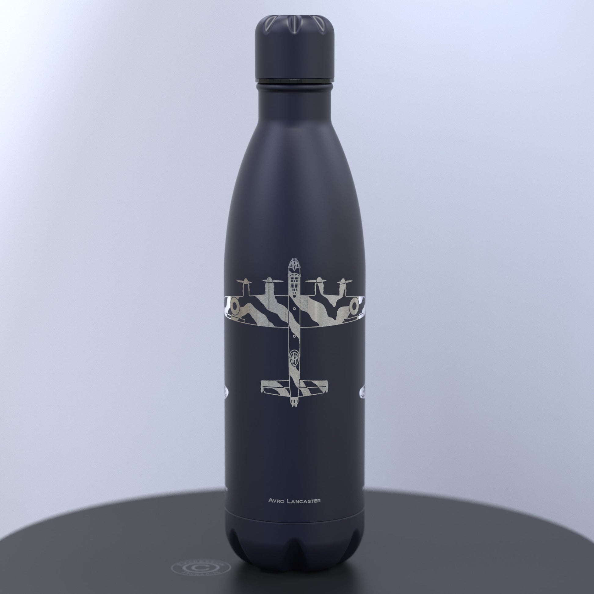 World War 2 Battle of Britain Engraved Matt Dark Blue Water Bottle including Spitfire, Hurricane and Lancaster