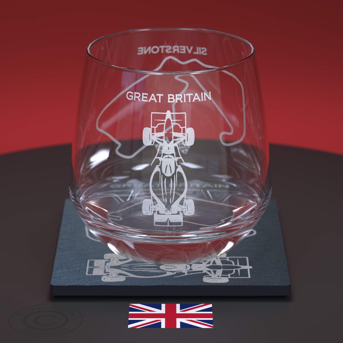 Glass Whiskey Tumbler Engraved With The Great Britain Silverstone Track And An F1 Car With Matching Slate Coaster