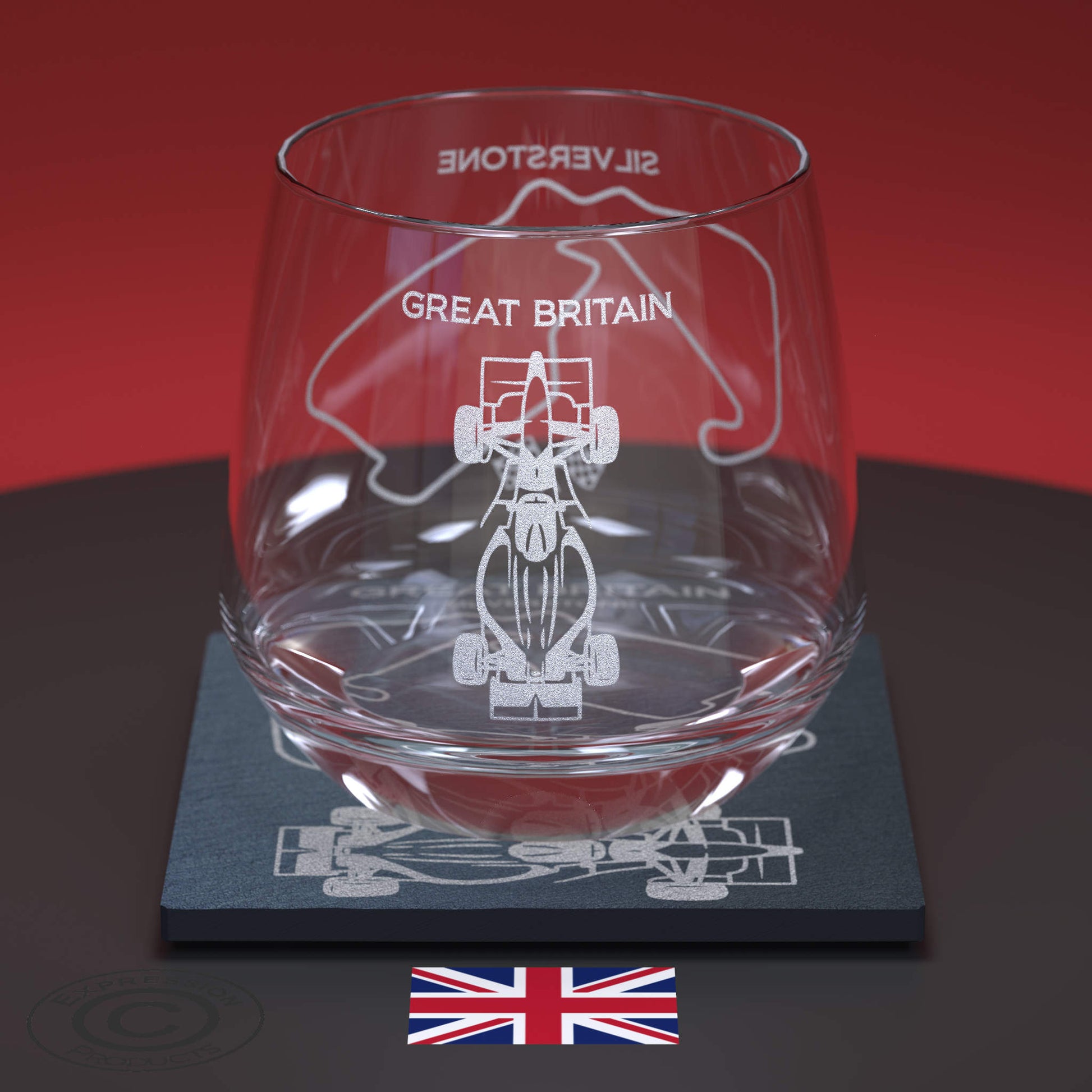 Glass Whiskey Tumbler Engraved With The Great Britain Silverstone Track And An F1 Car With Matching Slate Coaster