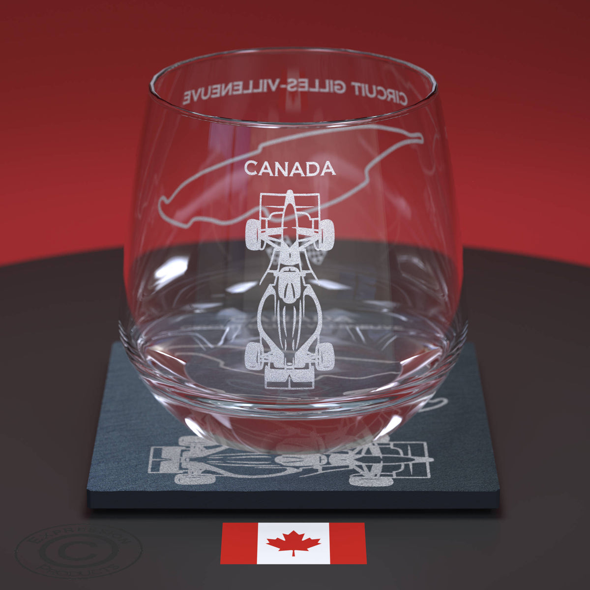 Canadian Grand Prix F1 Engraved Whiskey Tumbler Glass And Slate Coaster, Canada Formula 1 Circuit Gilles-Villeneuve Glass & Coaster