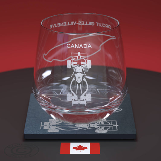 Canadian Grand Prix F1 Engraved Whiskey Tumbler Glass And Slate Coaster, Canada Formula 1 Circuit Gilles-Villeneuve Glass & Coaster