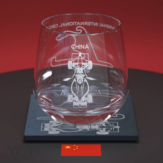 Chinese Grand Prix F1 Engraved Whiskey Tumbler Glass And Slate Coaster, China Formula 1 Shanghai International Circuit Glass & Coaster