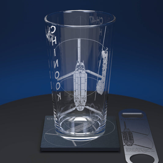 Boeing CH-47 Chinook Engraved Pint Glass Set including Pint Glass, Slate Coaster and Stainless Steel Bottle Opener