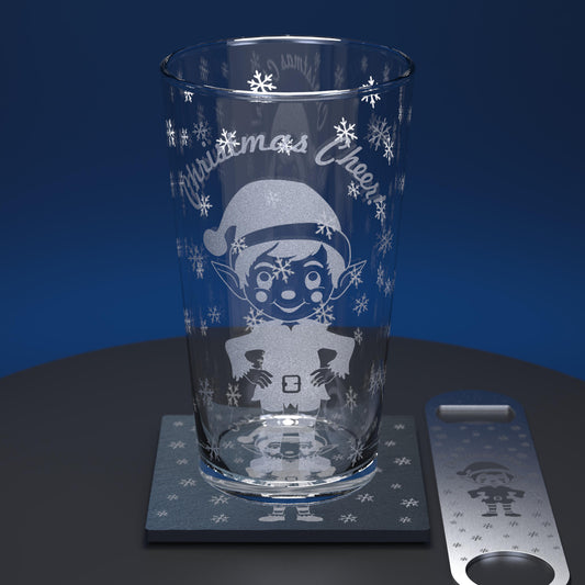pint glass set including glass, slate coaster and stainless steel bottle opener all engraved with a christmas elf and christmas cheer text