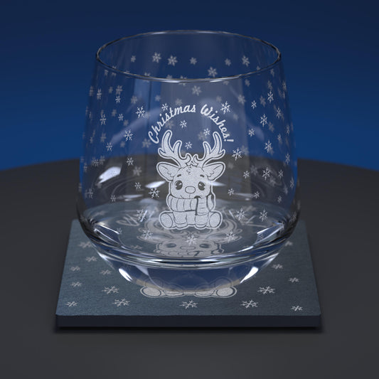 Glass set comprising of glass and slate coaster engraved with cartoon style reindeer with Christmas Wishes wording