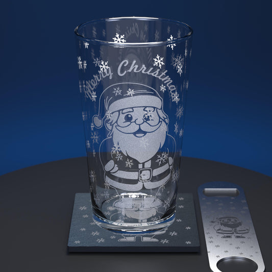 Pint glass set comprising of glass, slate coaster and stainless steel bottle opener engraved with cartoon santa and Merry Christmas text