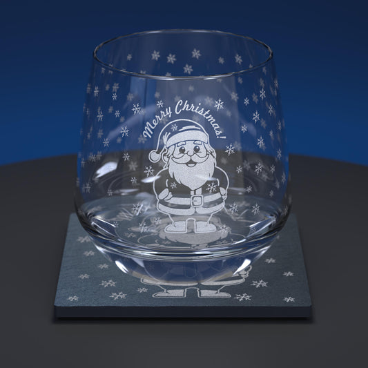 Glass whiskey tumbler engraved with cartoon santa and Merry Christmas text