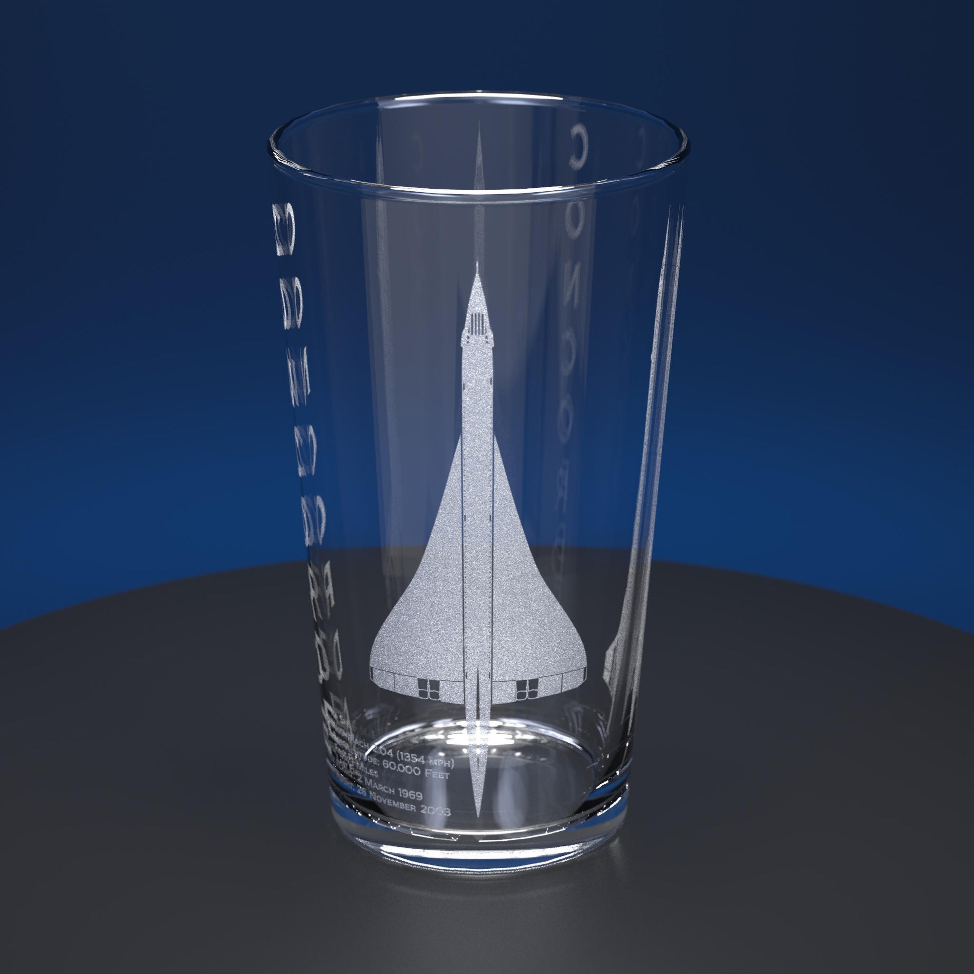 pint glass engraved with Concorde and factual information about concorde