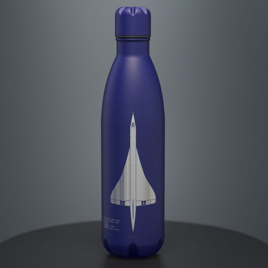 blue stainless steel insulated water bottle engraved with the legendary concorde