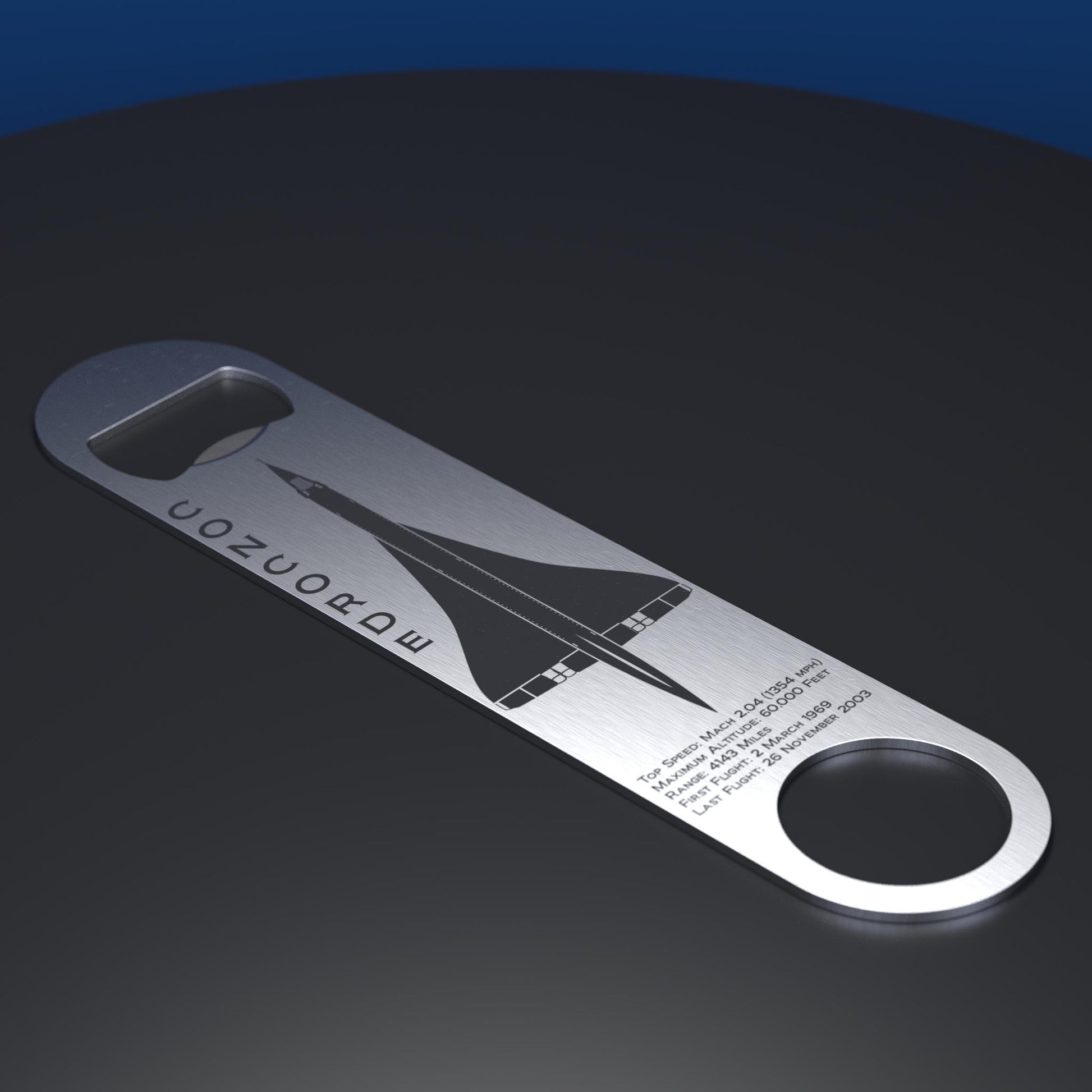Stainless Steel bottle opener engraved with concorde