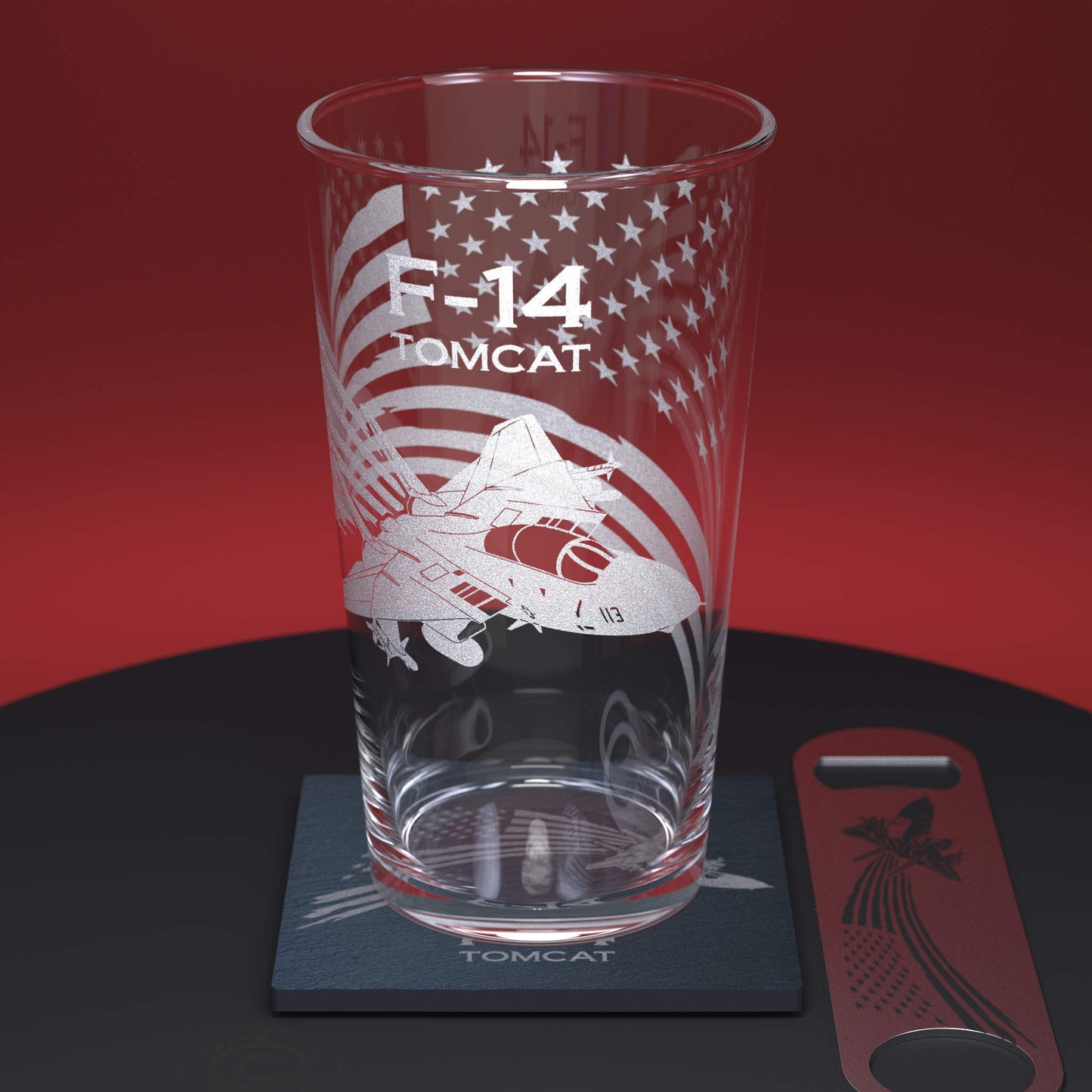 F-14 Tomcat with Flag Of The United States Of America Engraved Pint Glass Set With Slate Coaster & Stainless Steel Bottle Opener